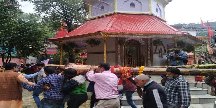 कदली वृक्ष नैनीताल पहुंचने के बाद मंदिर प्रांगण में पूजा अर्चना body image